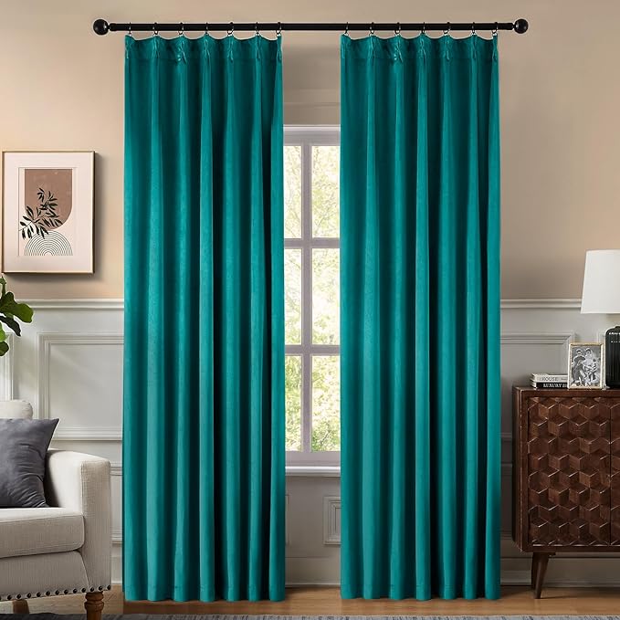 Pinch Pleated 100% Blackout Curtains for Bedroom, Teal Velvet Curtains for Living Room, Black Out Curtain 90 inch Long Room Darkening, Blackout Pinch Pleat Drapes with Hooks 2 Panels