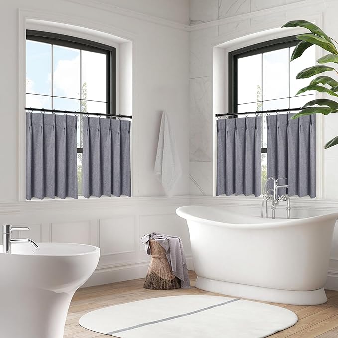 WdFour 24x30 Inch Pinch Pleated Blackout Cafe Curtains - Pack of 2, 100% Light Blocking Back Tab Drapes for Half Windows, Kitchen & Bathroom Short Curtains in Dark Gray