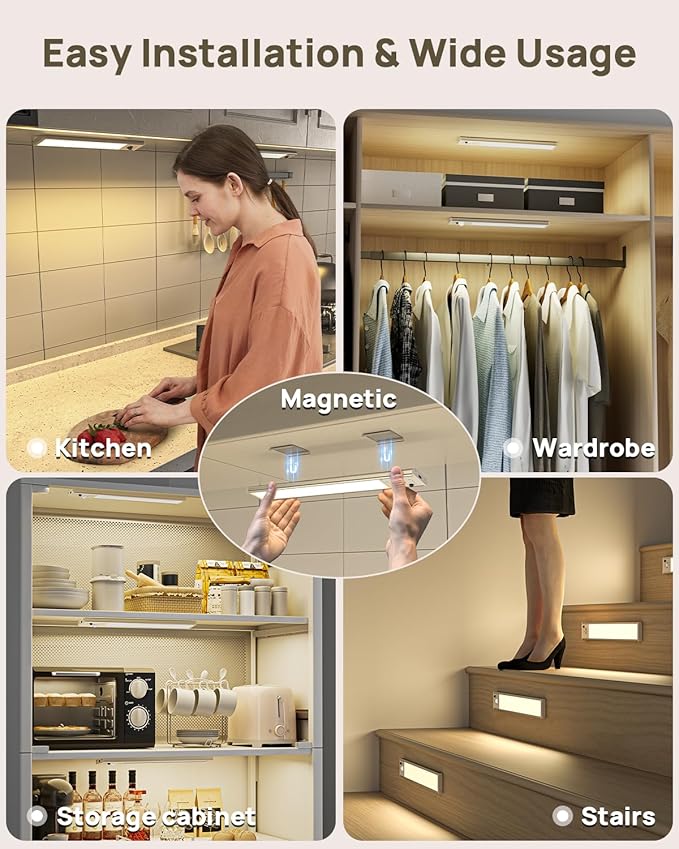 Under Cabinet Lights Wireless,Motion Sensor Light Indoor Closet Lights with Remote Control,3 Color Temps,LED Rechargeable Battery Operated,Under Counter Lights for Kitchen,Wardrobe,Stairs,4 Pack