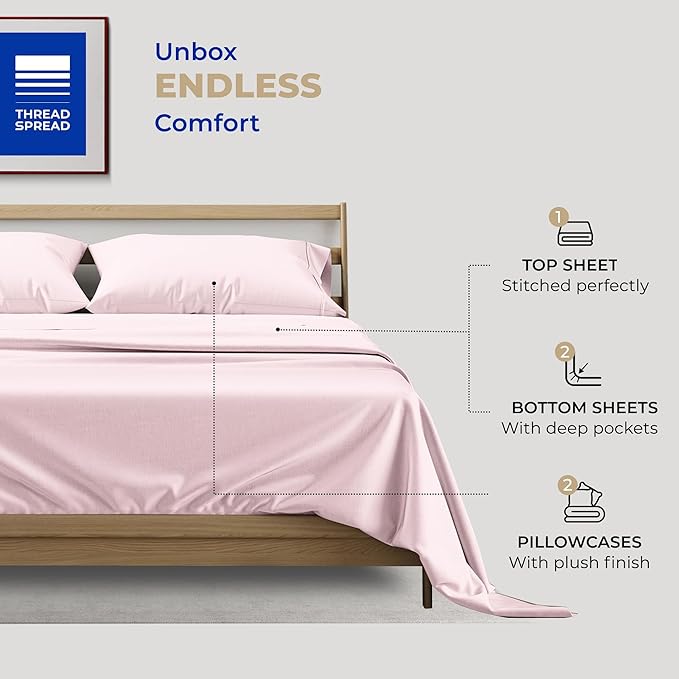 THREAD SPREAD Split King Sheets Sets for Adjustable Bed - 400 Thread Count 5 PC Sateen Split Sheet Set, Cooling Cotton Sheets, 2 Twin-XL Fitted Sheets, 16" Deep Pocket Split King Sheet (Blush)