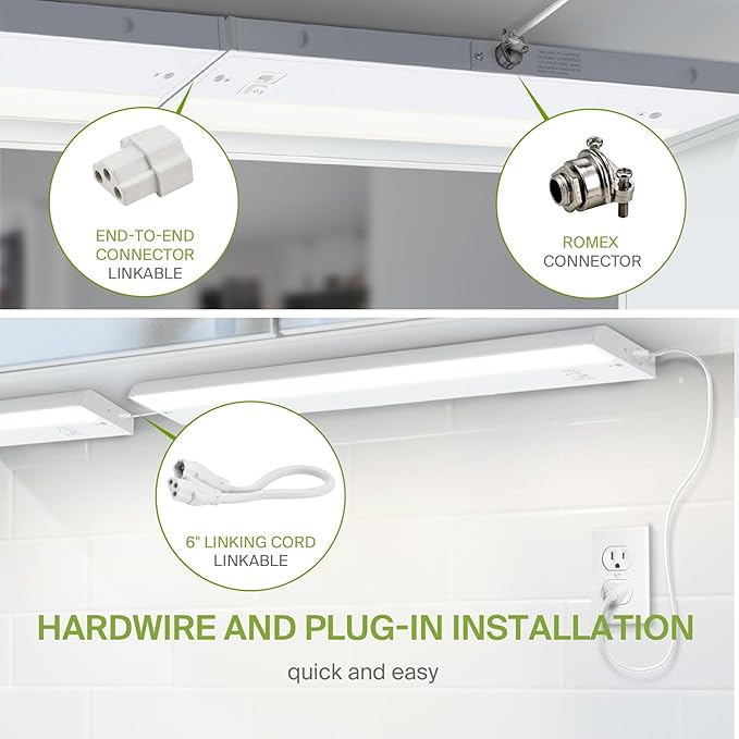 ASD 24 Inch LED Under Cabinet Lighting Plug in or Hardwired, High/Low/Off Switch, 12W 120V 3 CCT 2700K/3000K/4000K CRI90+, Triac Dimmable Linkable Under Counter Lights for Kitchen, ETL Listed, White