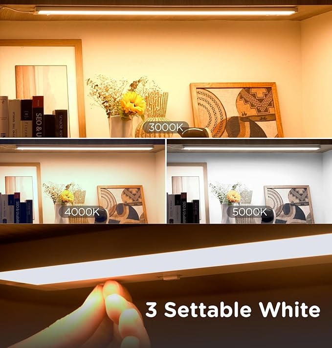 24 Inch Under Cabinet Lighting Plug in, 14W 120V 3 Color 3000K/4000K/5000K, 3 Brightness, Super Bright, Ultra Thin Under Counter Lights for Kitchen, Linkable LED Cabinet Light, White