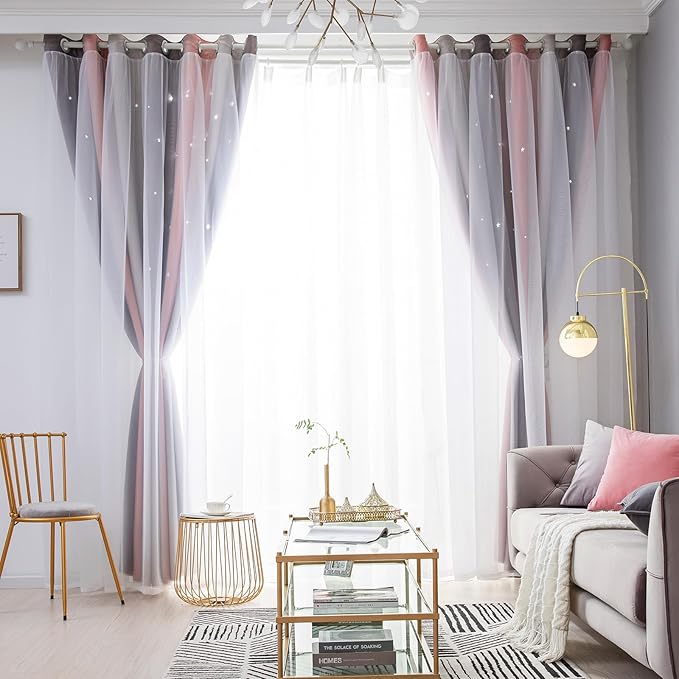 Star Curtains - Blackout & Rainbow Kids Bedroom Curtains, 72 Inch Long, 2 Panels, Pink & Grey
