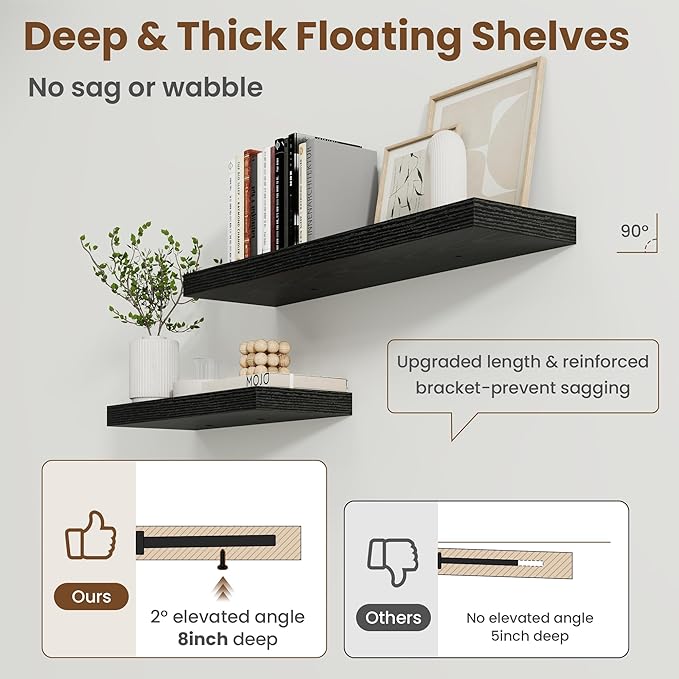 24 Inch Floating Shelves for Wall, 8 Inch Deep Floating Shelf for Storage & Display, Rustic Wall Mounted Shelf with Invisible Brackets for Living Room, Kitchen, Bathroom, Home Decor, Set of 2, Black