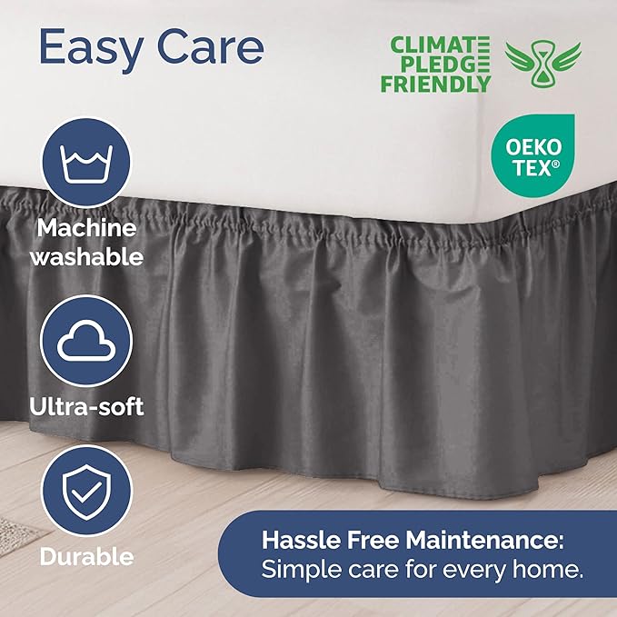 Wrap Around Dust Ruffle Bed Skirt - Dark Grey - for Queen Size Beds with 24 Inch Drop - Elastic Strap - Adjustable Pleated Bedskirt with Brushed Fabric and Wrinkle Free - for Women, Men, Kids & Teens