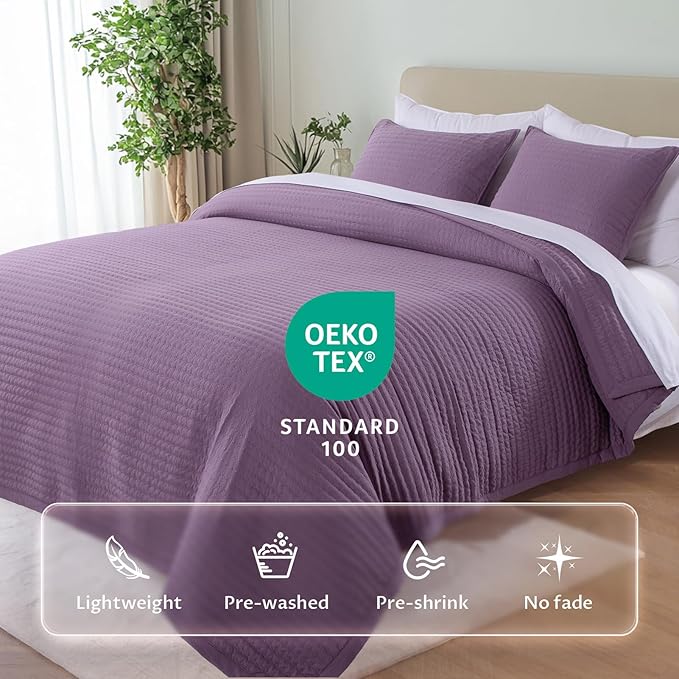 KASENTEX King XL Quilt Set 108"x98" – Soft Washed 3-Layer Lightweight Bedspread, Minimalist Nordic Design, All-Season Spring & Summer Quilt Set (1 Quilt + 2 Pillow Shams),Grape Jam Purple