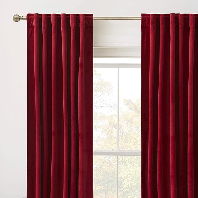 RYB HOME Red Velvet Curtains 102 inches, Back Tab Soft Fabric Room Darkening Thermal Insulated Luxurious Home Decor Curtains for Living Room Bedroom, W 52" x L 102", 2 Panels Set