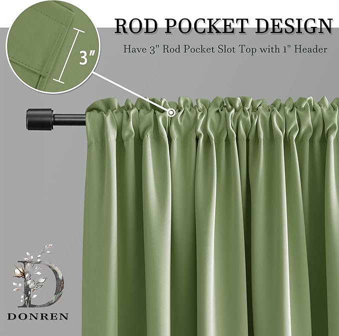 DONREN 48 Inch Length Sage Blackout Curtains for Bedroom - Small Window Treatment Rod Pocket Curtain Drapes (Set of 2 Panels,52 W x 48 L)