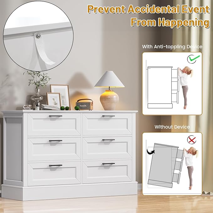 White Dresser for Bedroom with 6 Drawer, Bedroom Furniture Organizer Storage, Wood Double Dresser & Chest of Drawers, Modern Farmhouse Style, Dressers for Closet, Living Room 30” Tall