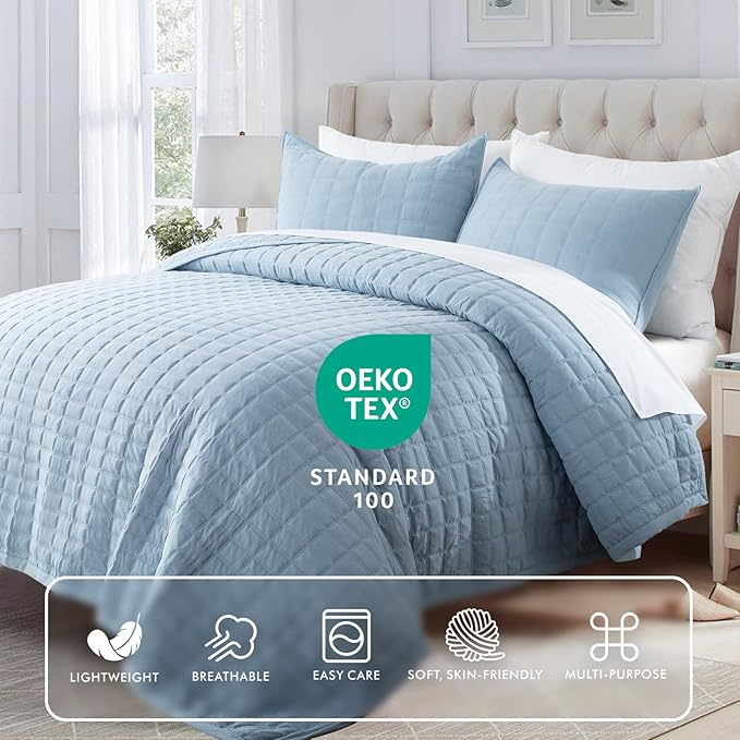 Oversized King Quilt Set 112"x106" – Soft Washed 3-Layer Lightweight California King Bedspread, Minimalist Nordic Design, All-Season Spring & Summer Quilt Set (1 Quilt + 2 Pillow Shams), Grey Blue