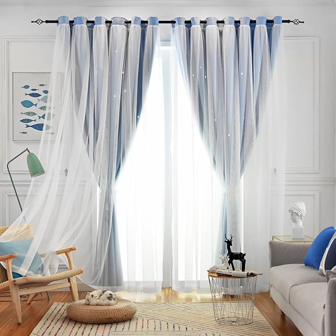 Stars Double Layer Blackout Curtains for Bedroom Kids, 72 Inches Long 2 Panels Set, Blue, 52 X 72 Inches