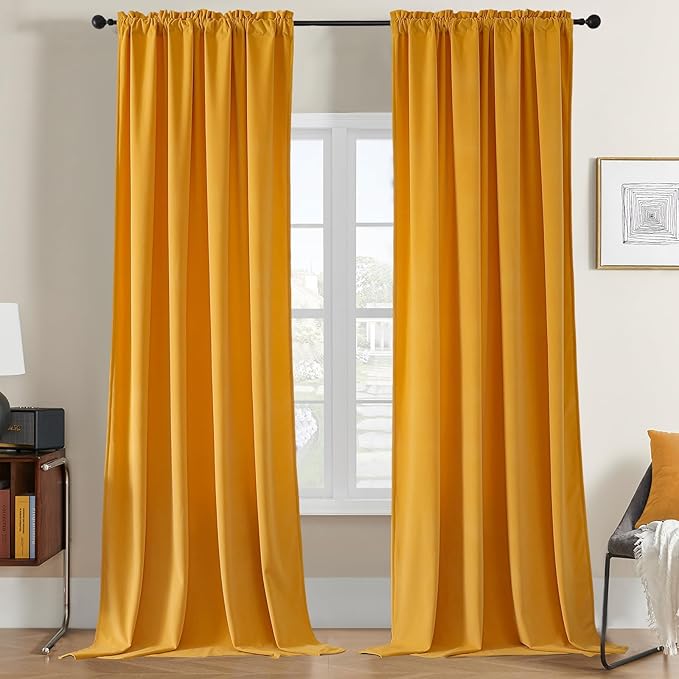 Joydeco Yellow Velvet Curtains 96 inch Length 2 Panels, Luxury Blackout Rod Pocket Thermal Insulated Window Curtains, Super Soft Room Darkening Drapes for Living Dining Room Bedroom,W52 x L96 inches