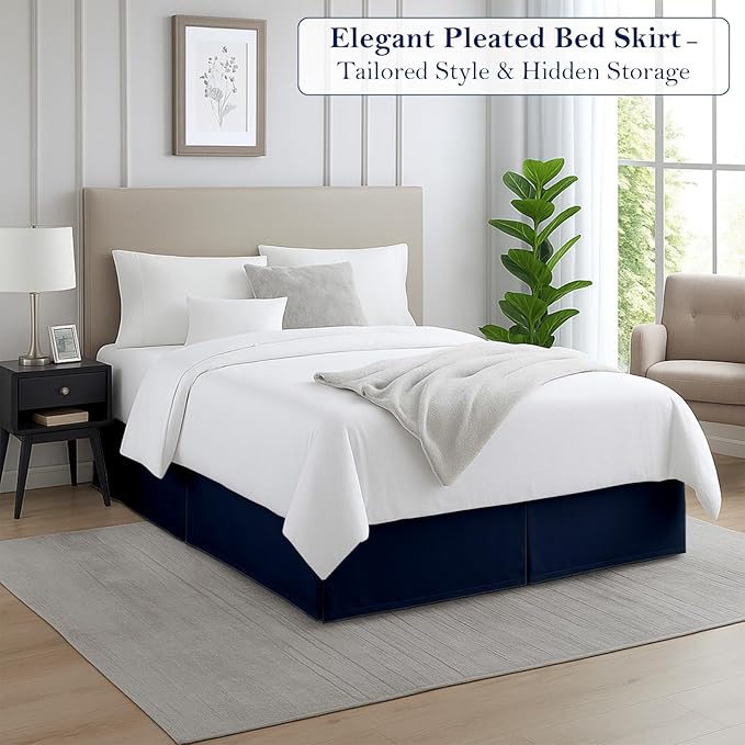 King Bed Skirt, Luxury 12 Inch Drop Navy Blue Pleated Bed Skirt, Double Brushed Microfiber, Box Pleat Design, Wrinkle & Fade Resistant, Easy Fit Tailored Bedskirt for King Size Beds