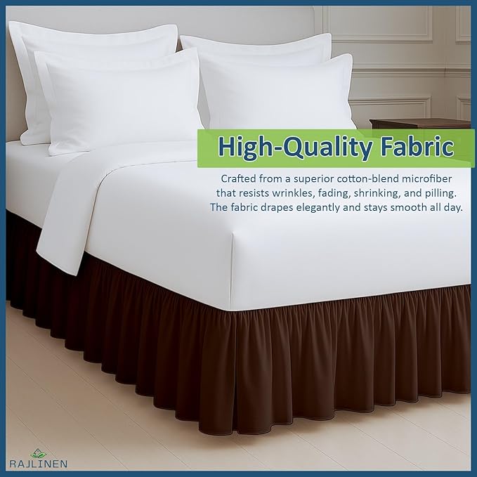 Rajlinen Ruffled Bed Skirt Queen, 12 Inch Drop Dust Ruffle with Split Corners, 100% Microfiber Bedskirt with Platform, Three-Sided Coverage Ruffled Gathering Design, Chocolate