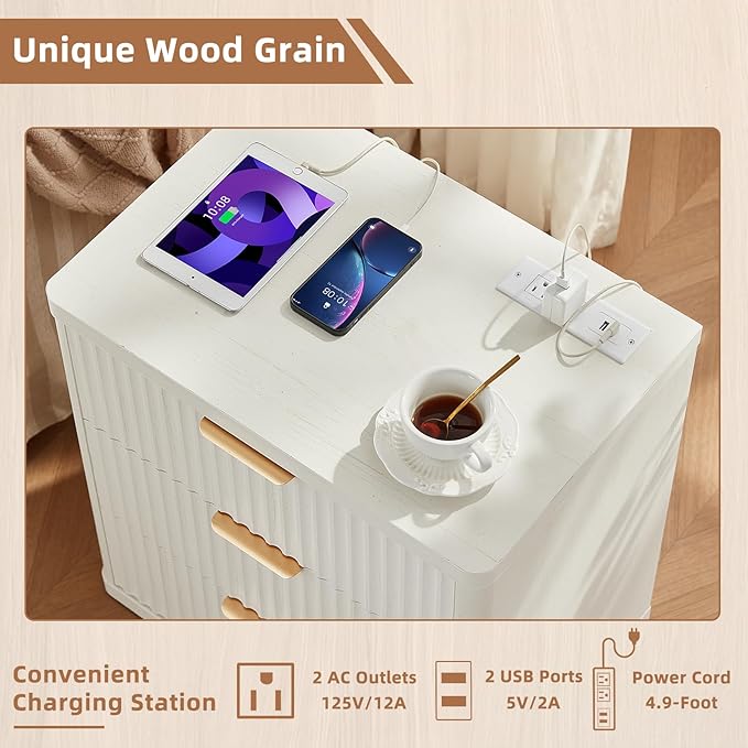 LEYAOYAO 42" Tall Fluted Dresser and 3 Drawers 23" Nightstand Set of 2,Wooden Dresser & Night Stand with Charging Station,3 Piece Bedroom Furniture Set,Chest of Drawer for Living Room,Antique White
