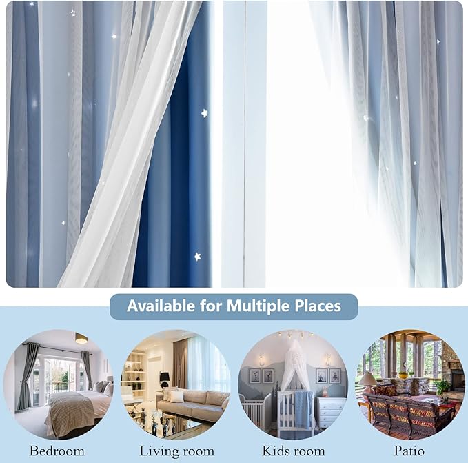 Star Double Layer Blackout Curtains for Bedroom, Kids - Cute, 96 Inches Long, 2 Panels Set, Blue, 42 X 96 Inches