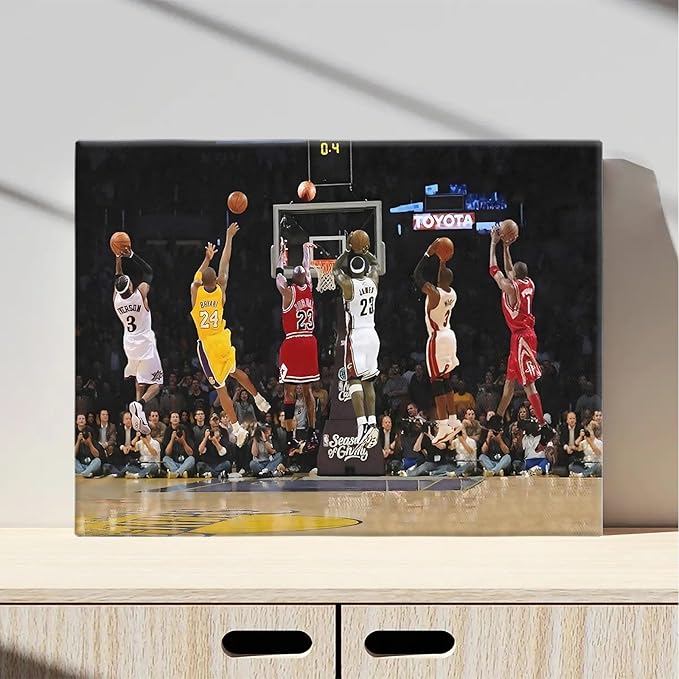 Basketball Legends Canvas Wall Art Print Poster, Iconic Sports Stars Shooting Inspirational Picture, Motivational Photography Wall Decor for Gym Dorm Home Office Living Room Bedroom, Framed 8x10inch