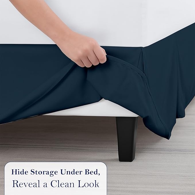 King Bed Skirt, Luxury 21 Inch Drop Navy Blue Pleated Bed Skirt, Double Brushed Microfiber, Box Pleat Design, Wrinkle & Fade Resistant, Easy Fit Tailored Bedskirt for King Size Beds