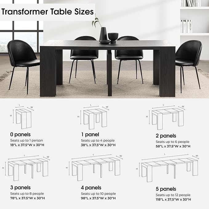 Transformer Table - Solid Wood Extendable Dining Table, Seats 2-12, Extendable Dining Room Table, Space-Saving Furniture, Expandable Dining Furniture (Black, Table + 2 Benches)