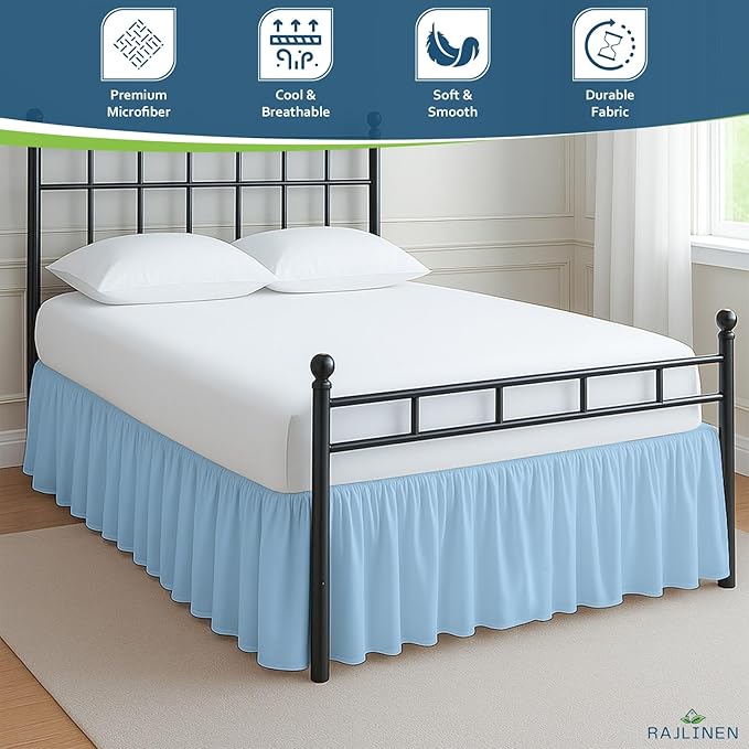 Rajlinen Ruffled Bed Skirt Queen, 24 Inch Drop Dust Ruffle with Split Corners, 100% Microfiber Bedskirt with Platform, Three-Sided Coverage Ruffled Gathering Design, Light Blue