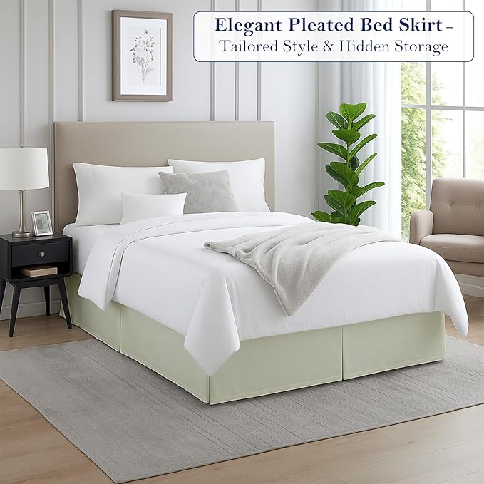 Queen Bed Skirt, Luxury 21 Inch Drop Ivory Pleated Bed Skirt, Double Brushed Microfiber, Box Pleat Design, Wrinkle & Fade Resistant, Easy Fit Tailored Bedskirt for Queen Size Beds