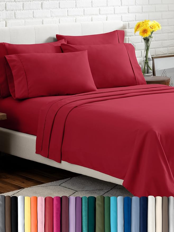 Bare Home Hotel Luxury Full XL Sheet Set, Extra Soft - 6 Piece Set - Deep Pockets - Easy Fit - Cooling & Breathable - Wrinkle, Fade, Stain Resistant - Includes 4 Pillowcases (Full XL, Red)