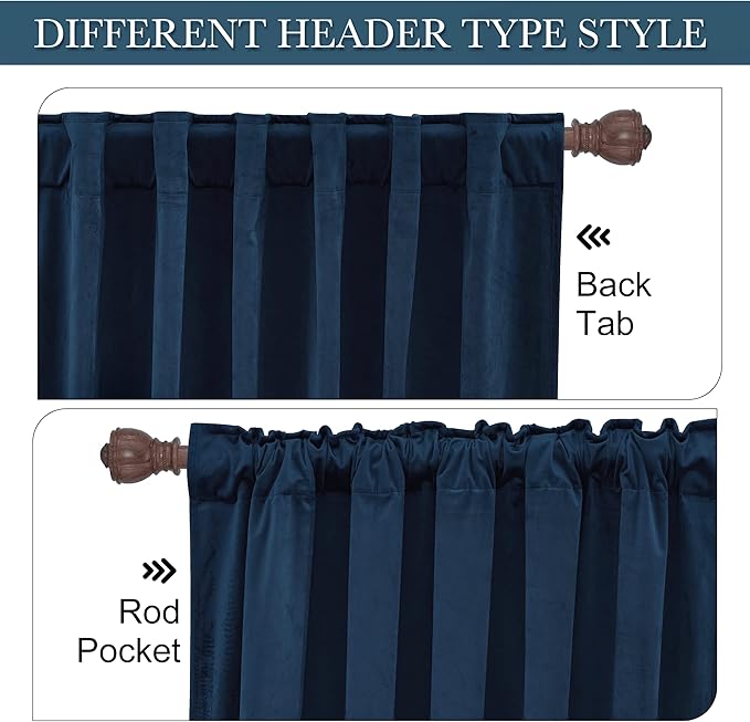 RYB HOME Navy Velvet Curtains 92 inches, Back Tab Soft Fabric Room Darkening Thermal Insulated Luxurious Home Decor Curtains for Living Room Bedroom, W 52" x L 92", 2 Panels Set