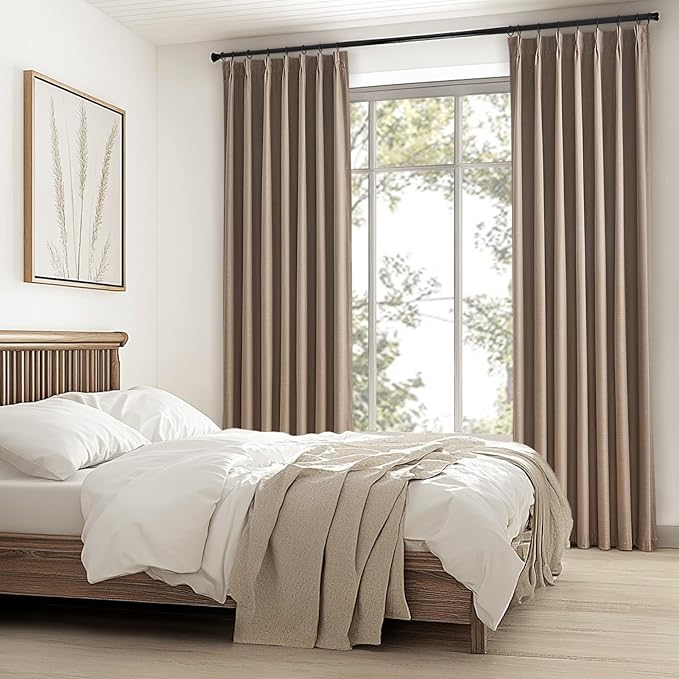 Topfinel Linen Blackout Curtains 96 Inch Long, Pinch Pleat Rustic Neutral Thermal Insulated Brown Natural Linen Cabin Back Tab Viral Drapery Drapes with Hooks Rings 2 Panel Sets, Brown Tan 8 FT