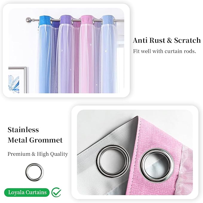 Star Blackout Curtains for Bedroom - Cute Kids Rainbow Curtains, 108 Inches Long 2 Panels, Blue & Purple & Pink
