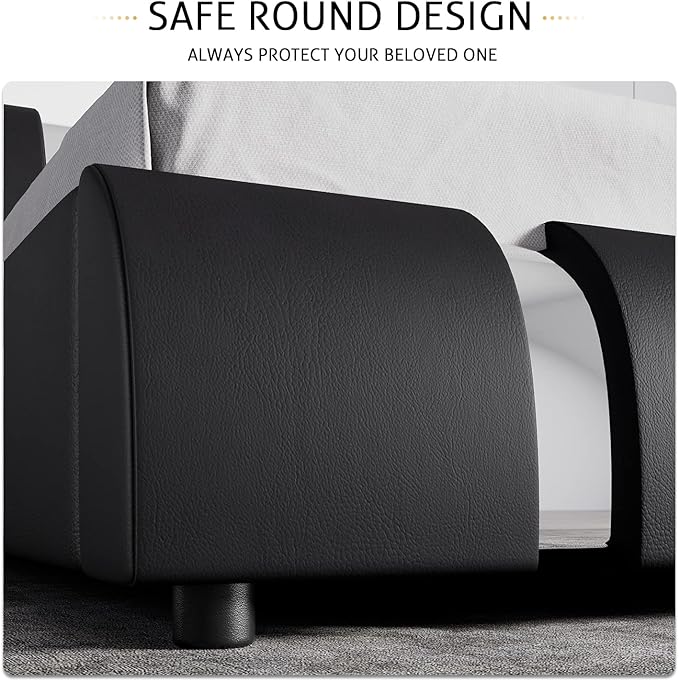 SHA CERLIN Modern Faux Leather Queen Bed Frame with Adjustable Headboard and Iron Accents, Deluxe Upholstered Platform Bed with Solid Wooden Slats Support/No Box Spring Needed, Black