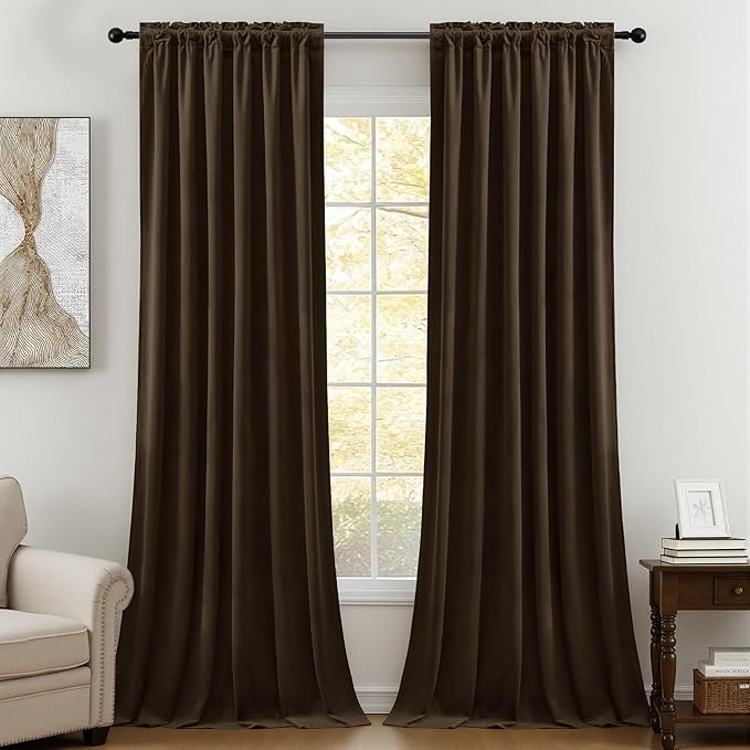 Brown Velvet Curtains Extra Long Room Darkening Drapes Super Soft Elegant Thermal Insulated Soundproof Privacy Window Curtains for Bedroom Living Room, Back Tab Rod Pocket, W52 x L108, 2 Panels