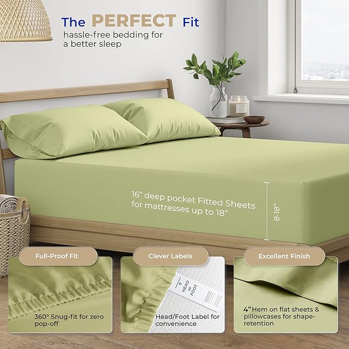 THREAD SPREAD Cotton Full Size Sheet Sets - 400 Thread Count 4 PC 100% Cotton Bed Sheets, 16” Deep Pocket Full Size Sheets Cotton, Soft, Sateen Cooling Full Sheet Set, Luxury Hotel Sheets (Sage Green)