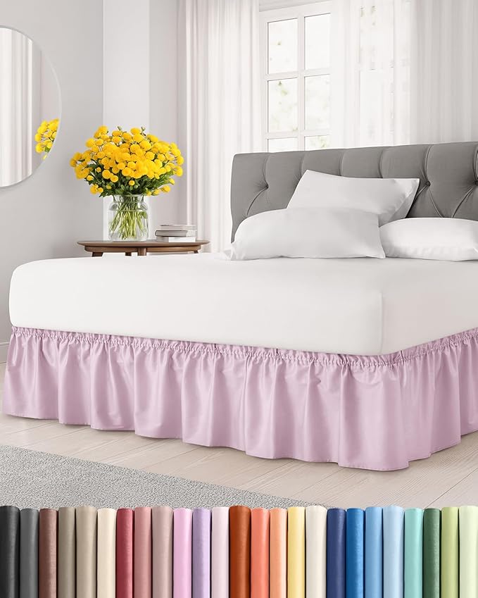 Wrap Around Dust Ruffle Bed Skirt - Light Pink - Twin/Twin XL Size Beds with 18 Inch Drop - Elastic Strap - Adjustable Pleated Bedskirt with Brushed Fabric and Wrinkle Free - Women, Men, Kids & Teens
