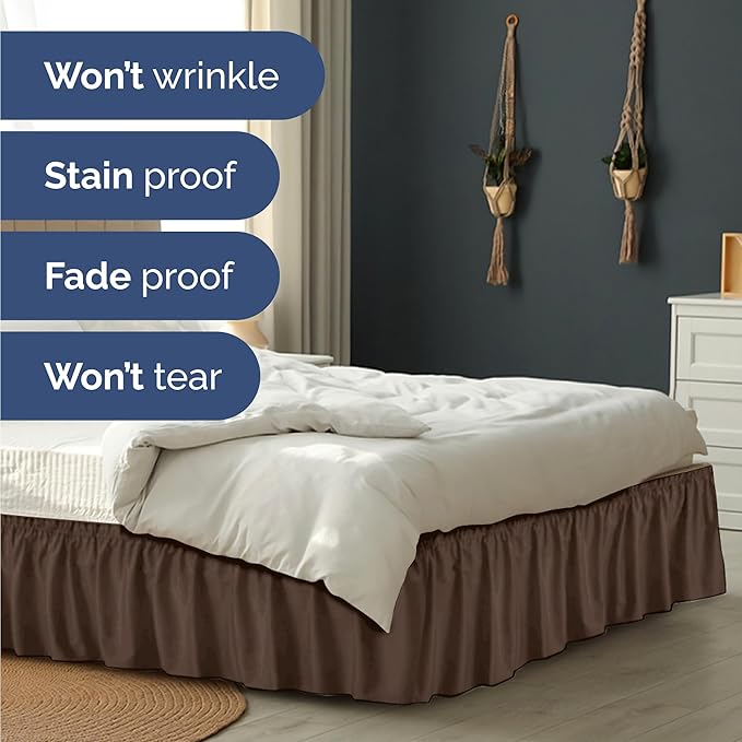 Wrap Around Dust Ruffle Bed Skirt - Brown - for Full Size Beds with 21 Inch Drop - Easy Fit Elastic Strap - Adjustable Pleated Bedskirt w/Brushed Fabric - Wrinkle Free - for Women, Men, Kids & Teens