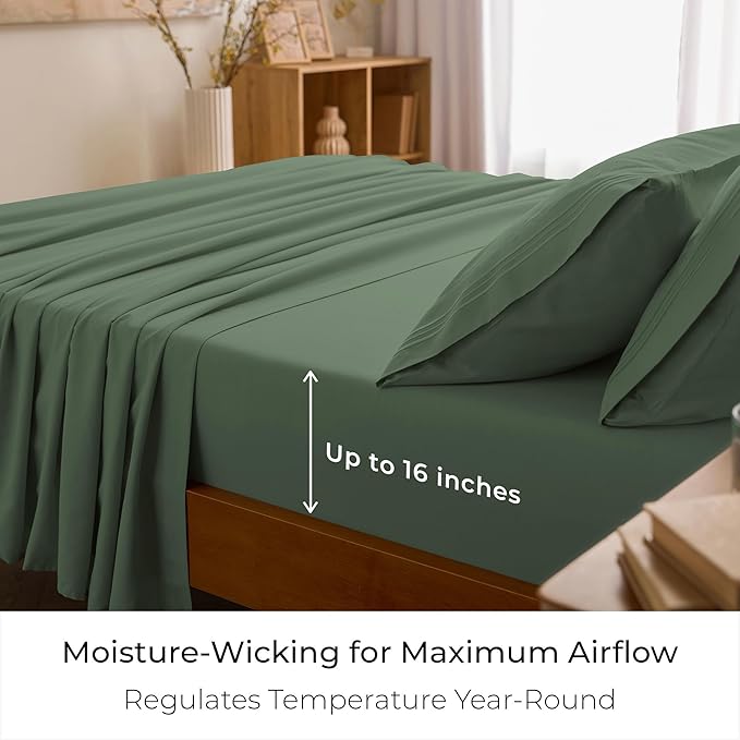 Mellanni Queen Sheet Set - 6-Piece Iconic Collection Bedding, (Including 4 Pillowcases), 16-Inch Deep Pocket, Easy Care, Extra Soft, Cooling Sheets, Brushed Microfiber - Sage