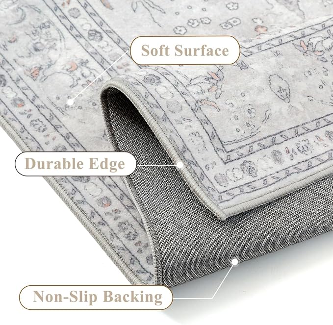 Grey 5x7 Area Rug Washable Vintage Carpet for Living Room Office Soft Retro Floral Low Pile Thin Indoor Rug Non Slip Central Medallion Floor Cover for Bedroom Dining Room