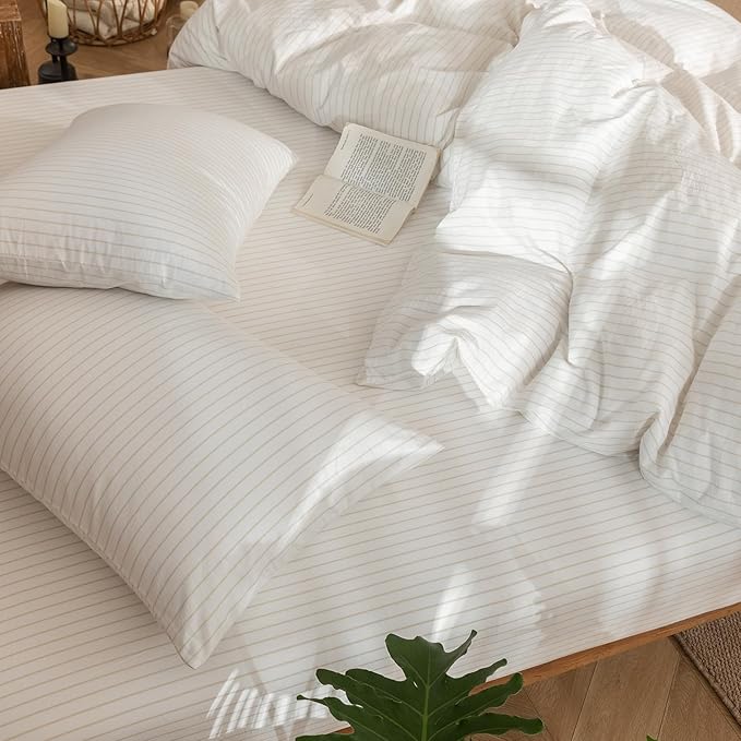 MooMee Striped Duvet Cover Set 100% Washed Cotton Linen Like Textured Breathable Durable Soft Comfy (White Almond Milk Grey Wide Stripes, Super King 108"x98")