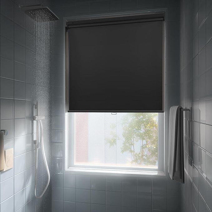 HESTIA No Drill Cordless Blackout Roller Shades Screwless Waterproof Shower Window Blinds, Auto-Retraction Easy Install Blind for Bathroom/Kitchen/Office/Exterior, Black, 35.5" W x 54" H