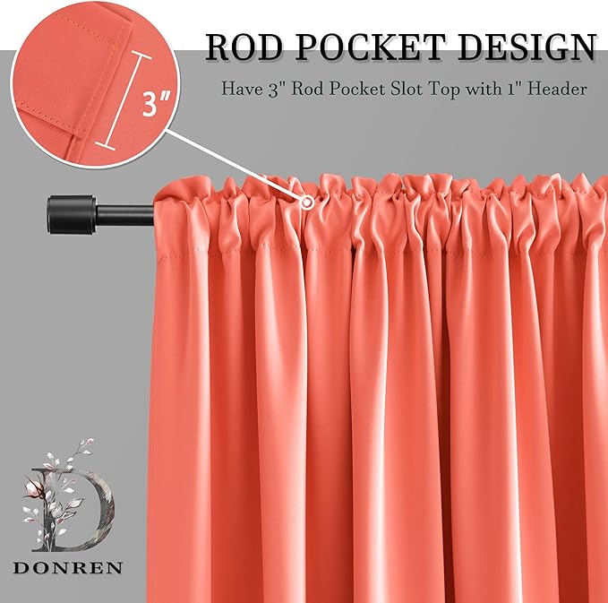 DONREN Coral Blackout Curtains Rod Pocket Curtain Panels - Salmon Color Thermal Insulated Curtain Drapes for Living Room (42 W x 63 L Inch,2 Panels)