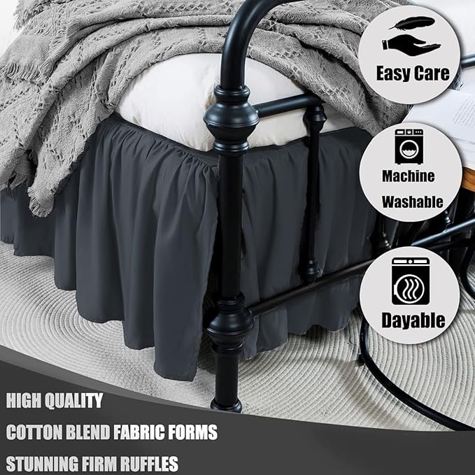 TSUTOMI Bed Skirt King Size Ruffled Bed Skirt with Split Corners, 18 Inch Drop Dust Ruffle Bed Skirts with Platform, Gathered Style, 100% Microfiber, Black