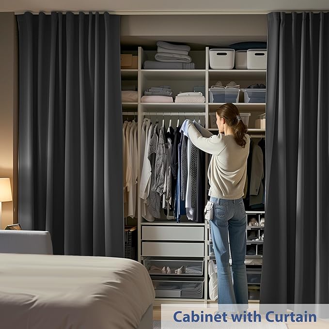 Room Divider Ceiling Mounted Curtains Track Sets Extra Wide Blackout Curtain Flexible Tracks for Bedroom Privacy Partition Separator,1 Panel Black Drape and White Rail, W15 x H10ft