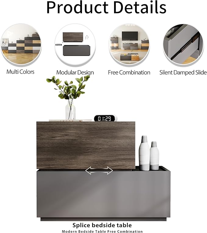 Modern Nightstand Modular Stackable Drawers Modular Storage Bedroom Furniture Set - Bedside Table, Storage Cabinet, Sofa End Table for Bedroom Living Room Hallway Entryway Black Small