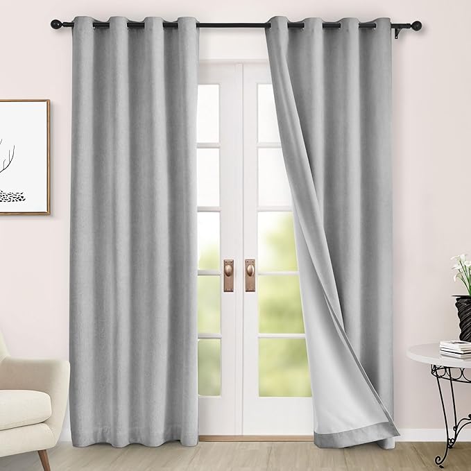 Macochico 100% Blackout Curtains Insulted Window Panels for Bedroom Living Room Dining Room Luxury Chenille Curtains Classic Home Decor Apricot Grey Curtains with Tieback 52" Wx72 L Grommet 1 Panel