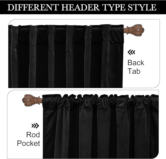 RYB HOME Velvet Curtains 108 inches - Blackout Heavy Duty Curtains Soft Luxury Back Tap Window Covering Privacy Blinds for Kids Room Bathroom Bedroom, Black, W52 x L108 inches, 2 Panels
