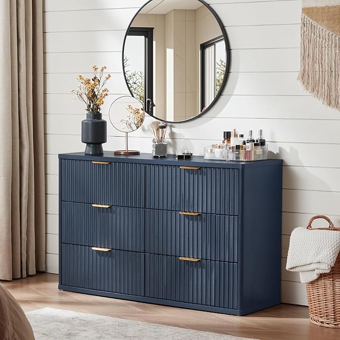 LEYAOYAO 48" Wide Fluted Dresser and 1 Drawers 23" Nightstand Set of 2, Wooden Dresser & Night Stand with Charging Station, 3 Piece Bedroom Furniture Set, Chest of Drawer for Living Room,Blue