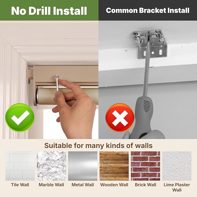 HESTIA No Drill Cordless Blackout Roller Shades Screwless Waterproof Shower Window Blinds, Auto-Retraction Easy Install Blind for Bathroom/Kitchen/Office/Exterior, Greige, 44.5" W x 54" H