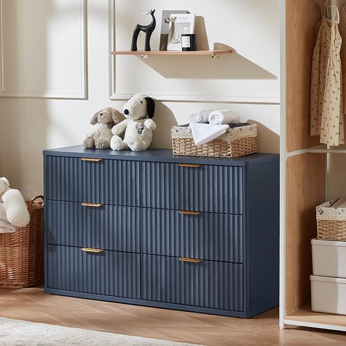 LEYAOYAO 48" Wide Fluted Dresser and 3 Drawers 23" Nightstand Set of 2, Wooden Dresser & Night Stand with Charging Station, 3 Piece Bedroom Furniture Set, Chest of Drawer for Living Room,Navy Blue