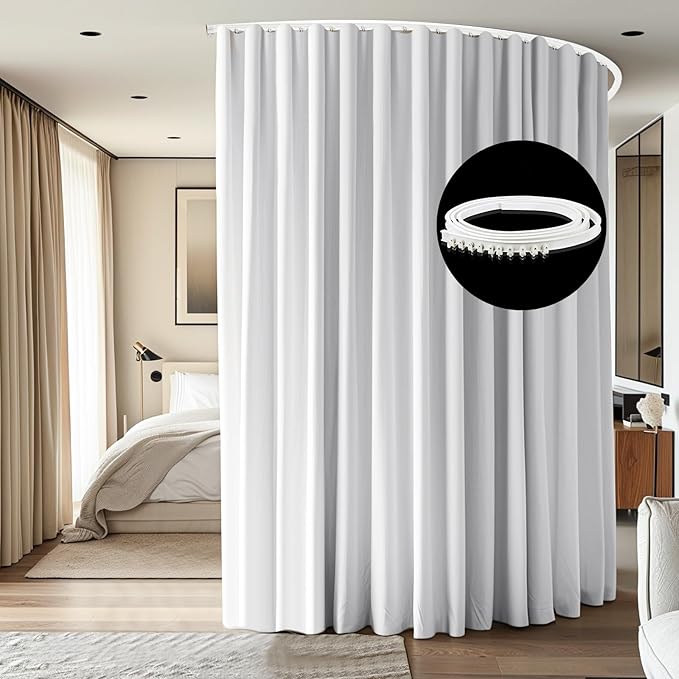 Room Divider Ceiling Mounted Curtains Track Sets Extra Wide Blackout Curtain Flexible Tracks for Bedroom Privacy Partition Separator, 1 Panel White Drape and White Rail, W12.5 x H8ft