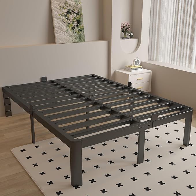 King Size Bed Frame 14 Inch, Black King Bed Frame with Metal Baffles, No Box Spring Needed, Heavy Duty Steel Platform Support, Round Corner Legs, Noiseless, Storage Space, Noiseless
