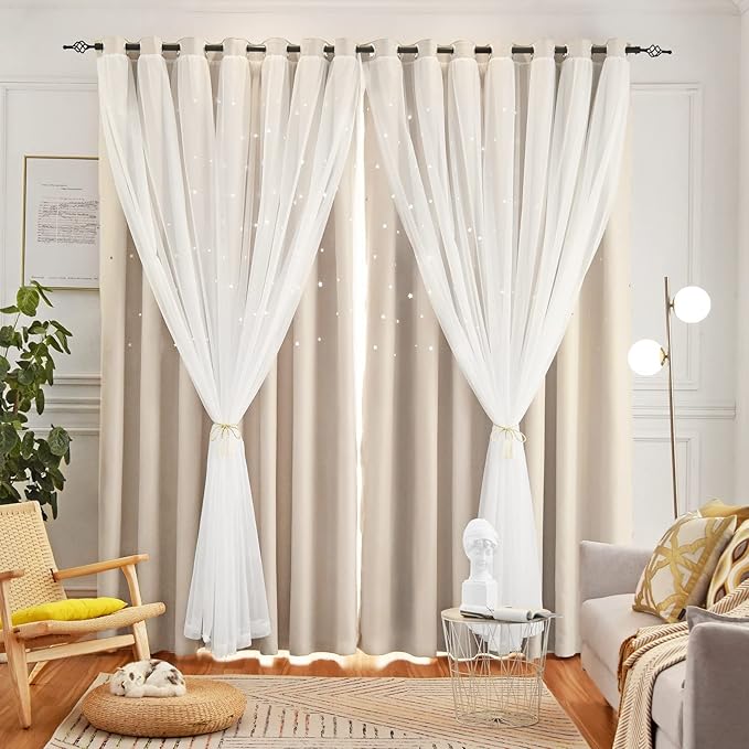 Star Double Layer Blackout Curtains for Bedroom & Kids, Cute, 72 Inches Long, 2 Panels Set, Beige, 42 X 72 Inches